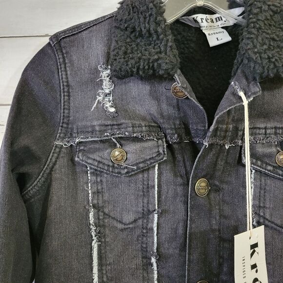 Boutique Brand Sherpa Lined Black Denim Jean Jacket Raw Frayed Hem Size XS/Small - Picture 5 of 11